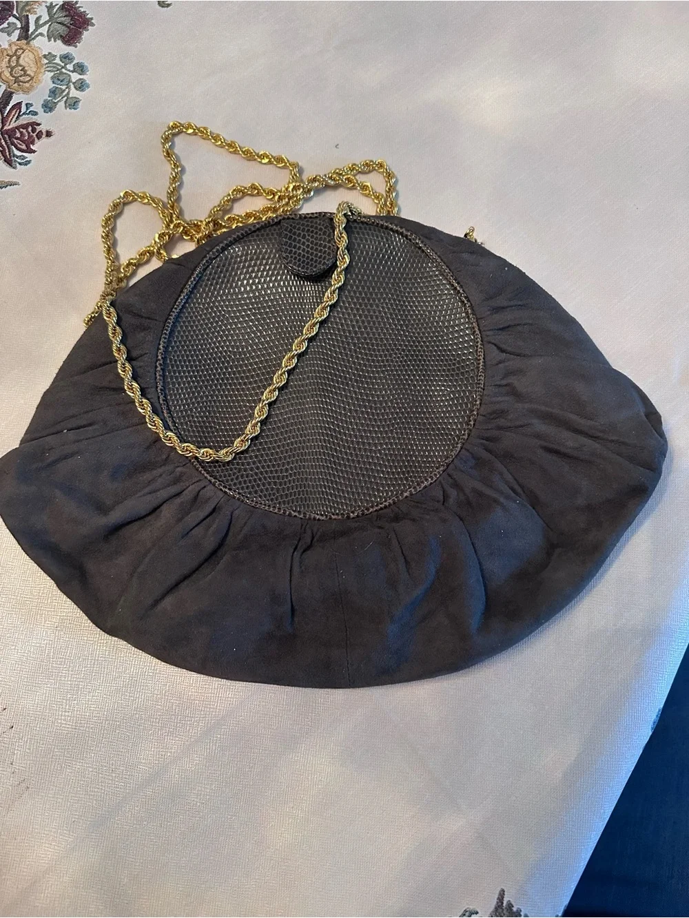 Vintage Bottega Veneta Gray Suede Round Ruched Shoulder Bag with Gold Chain